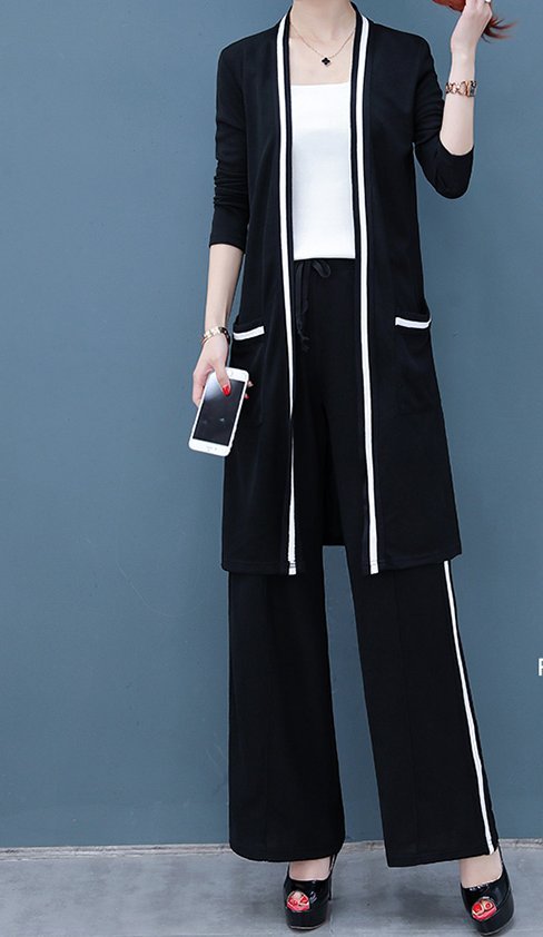 FINDSENSE品牌 秋季 新款 韓國 復古 氣質針織開衫+舒適抽繩闊腿褲 顯瘦 針織兩件套 時尚 潮流套裝