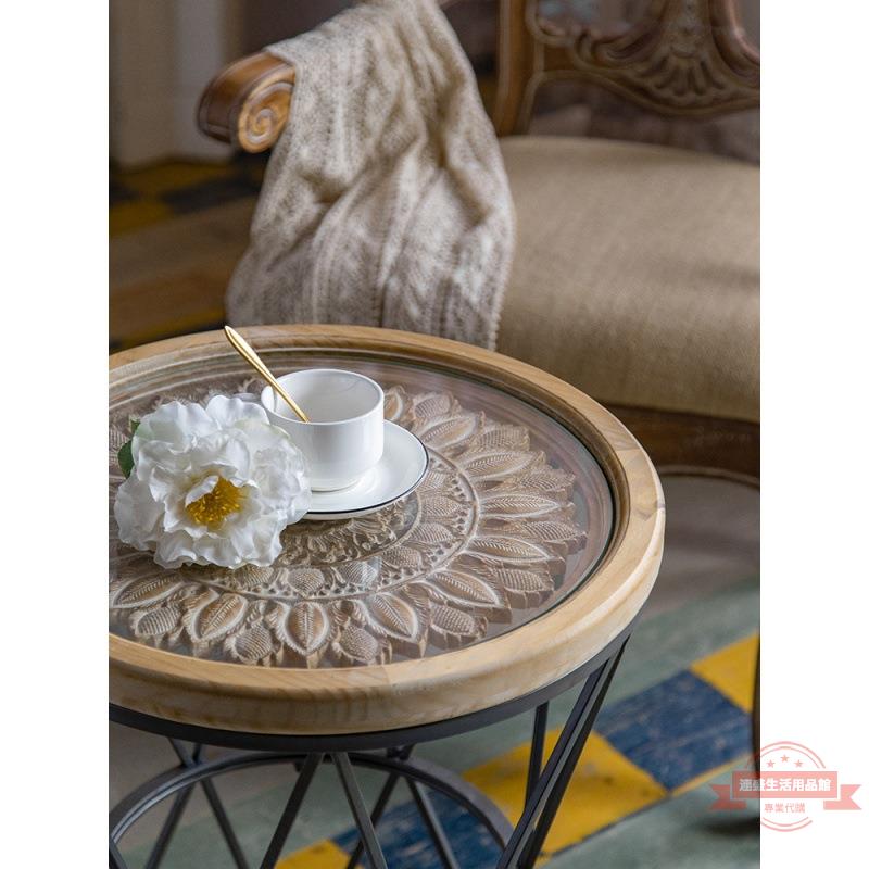 美式鄉村客廳沙發邊幾角幾實木雕花小茶幾復古鐵藝陽臺小圓形桌子
