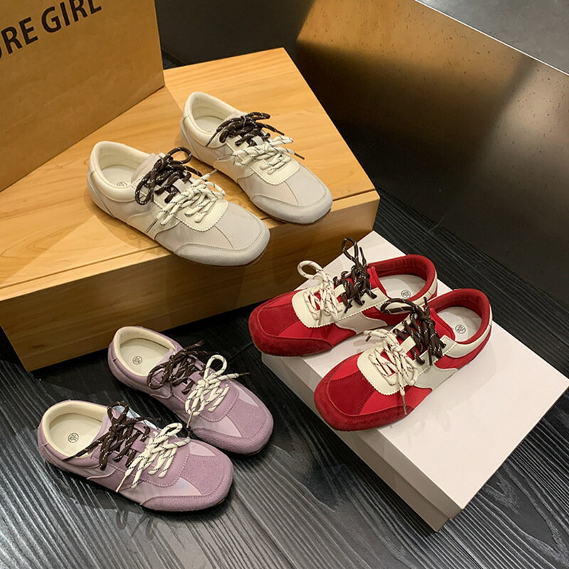 美拉德復古德訓鞋女款2025新款反絨皮平底顯腳小雙鞋帶運動阿甘鞋