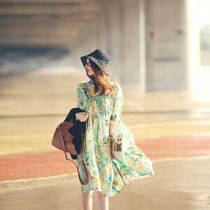 亞麻連身裙短袖洋裝-印花寬鬆飄逸休閒女裙子74ba37【獨家進口】【米蘭精品】