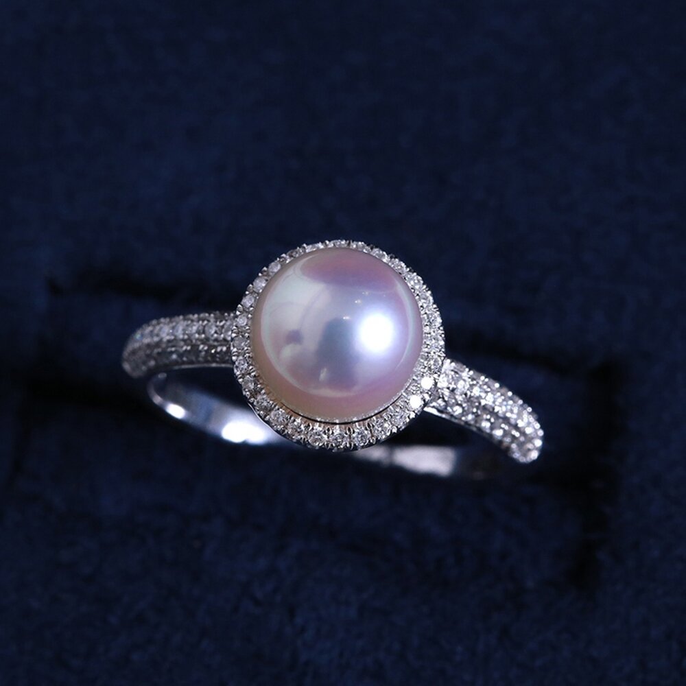 【醇想珠寶】高階滿鑽極光天女珍珠戒指 7.5-8mm Akoya珍珠 18K白金鑽石鑲嵌 日本天然海水珍珠