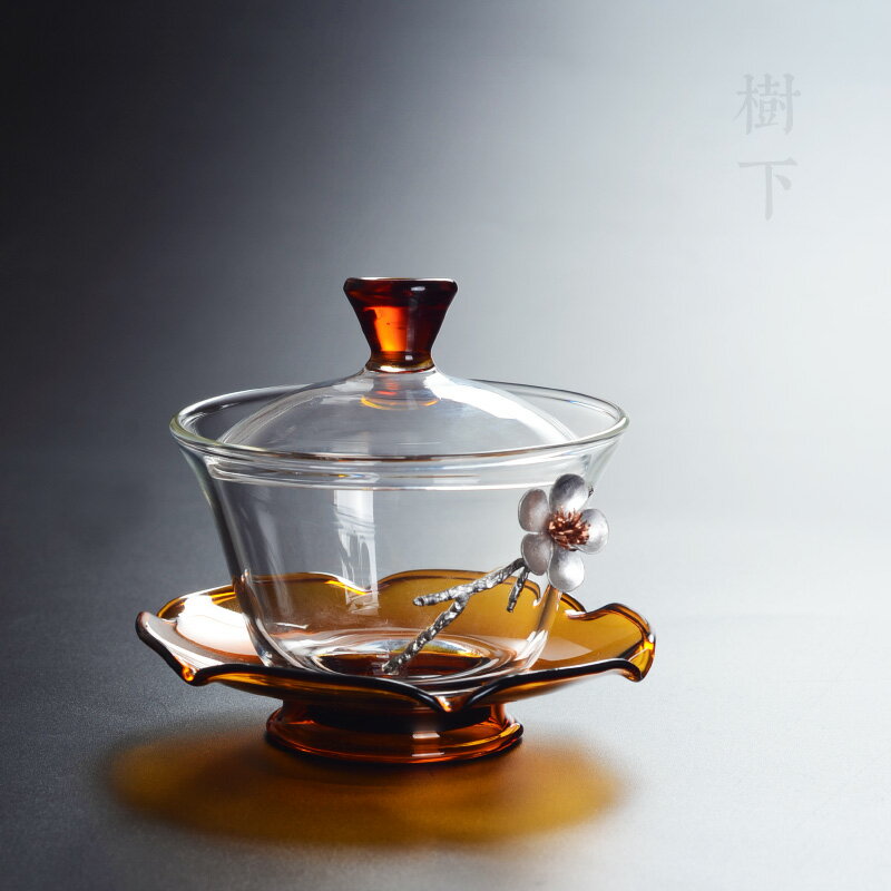 日式純手工貼錫蓋碗玻璃三才蓋碗透明泡茶大號加厚手抓碗功夫茶具1入