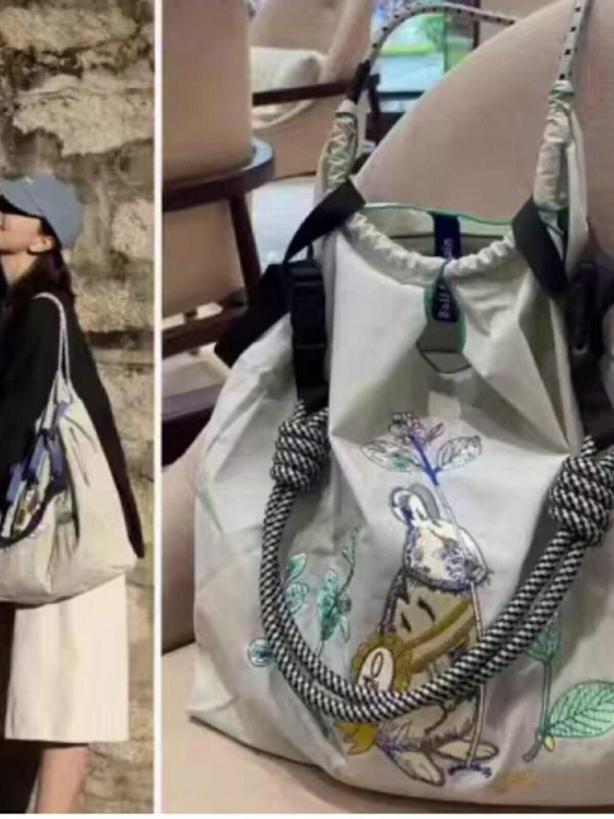 日韓ball chain同款包購物袋斜背肩帶帆布女新款環保袋尼龍環保刺繡包