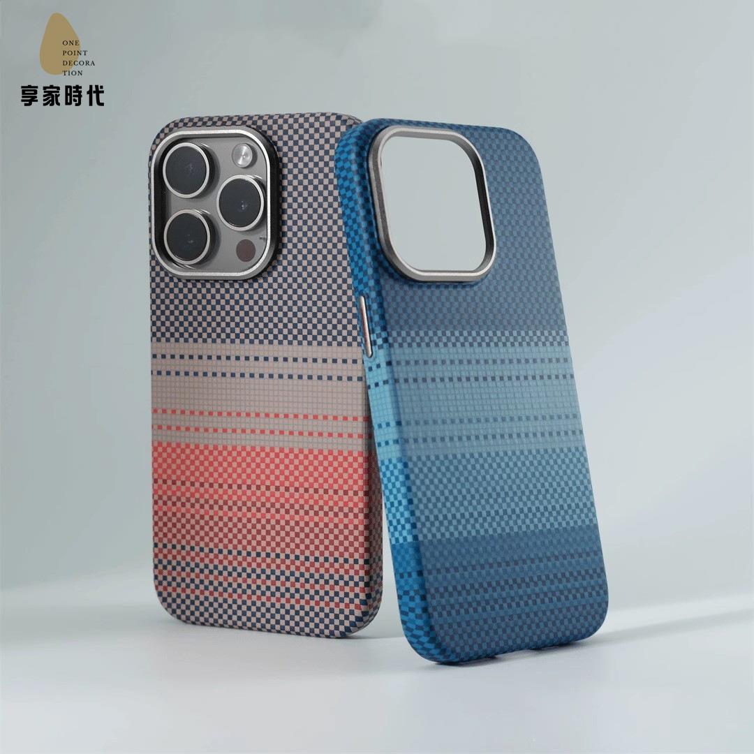 熱銷 適用iPhone16凱夫拉碳纖維紋日落月升 磁吸 手機殼 蘋果15 防摔 保護套xj8011