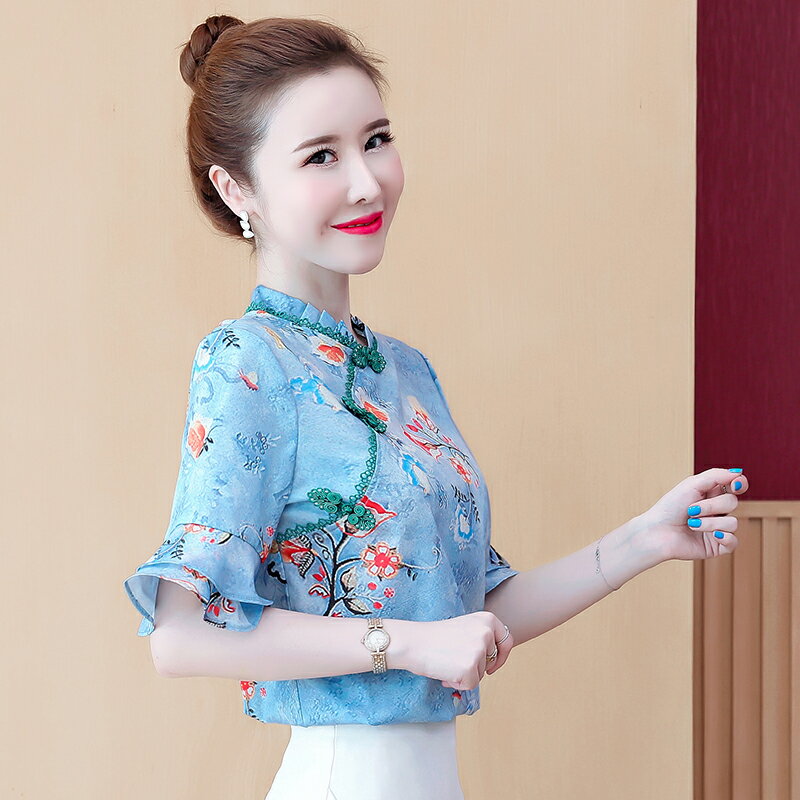 中式夏裝氣質復古盤扣雪紡襯衫短袖復古立領唐裝女民族風t恤上衣