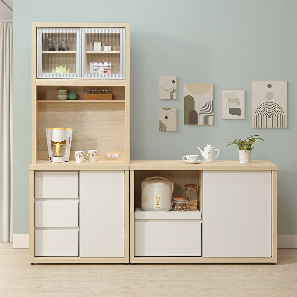 【直人木業】綠建材彩妝板溫馨系列滑門上下廚櫃組203公分(滑門上下廚櫃組82公分+廚櫃121公分)｜APP結帳再賺4%點數 1