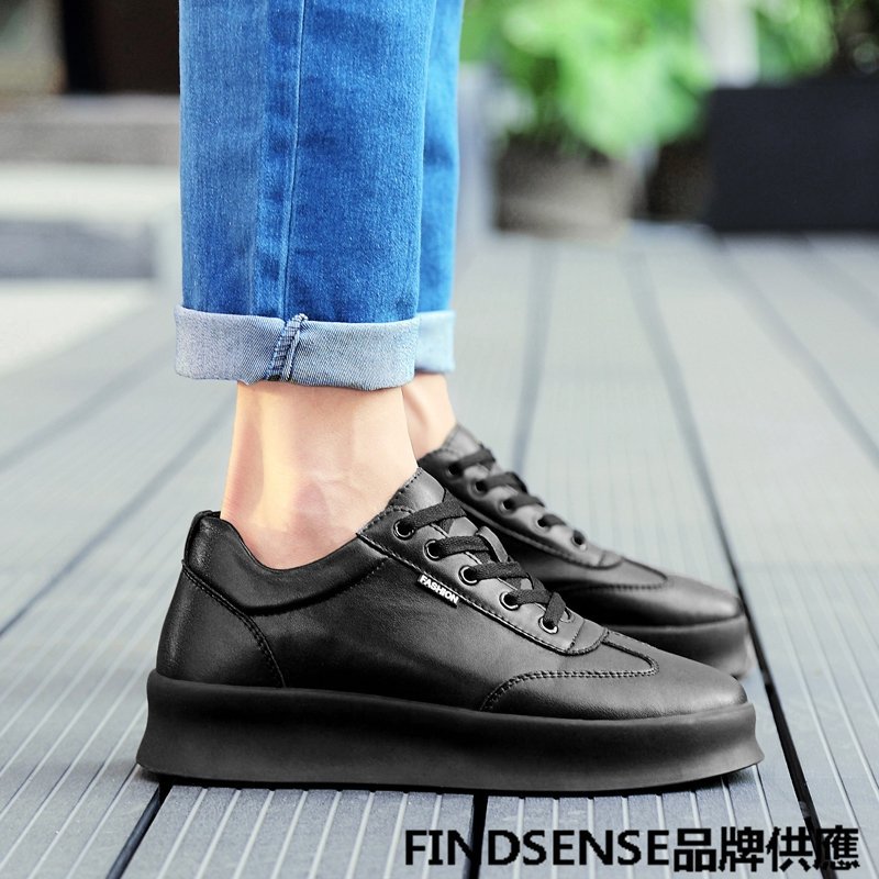 FINDSENSE品牌 秋款 新款 日本 男女 高品質 真皮 厚底增高 舒適耐磨 百搭 橡膠底 板鞋 休閒鞋 潮流鞋子