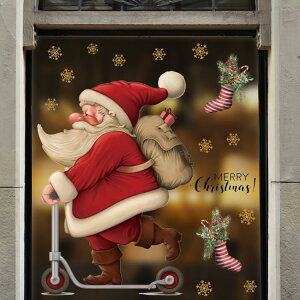 2024圣誕節玻璃貼紙圣誕老人櫥窗場景裝飾布置店鋪門店靜電窗花 交換禮物