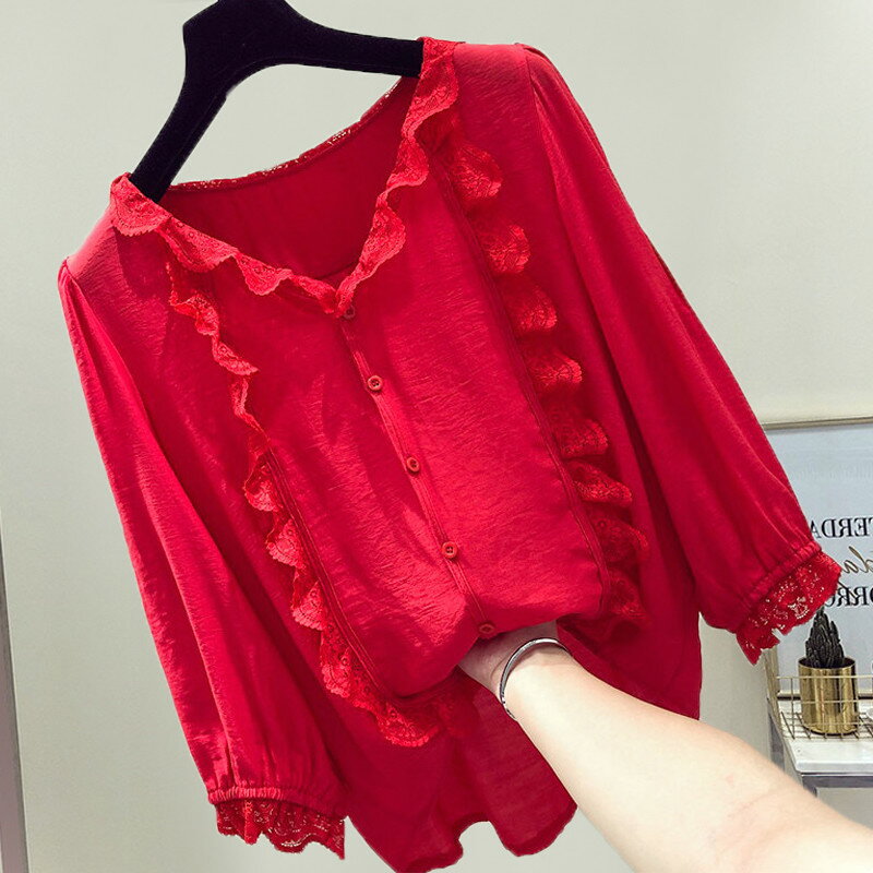 紅色雪紡上衣女夏季新款蕾絲邊寬松遮肚子雪紡衫超仙洋氣小衫