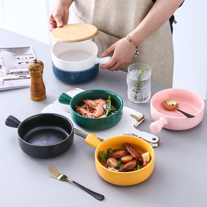 北歐風泡麵碗帶手柄陶瓷烤碗焗飯碗水果沙拉碗家用微波爐幹飯烤盤