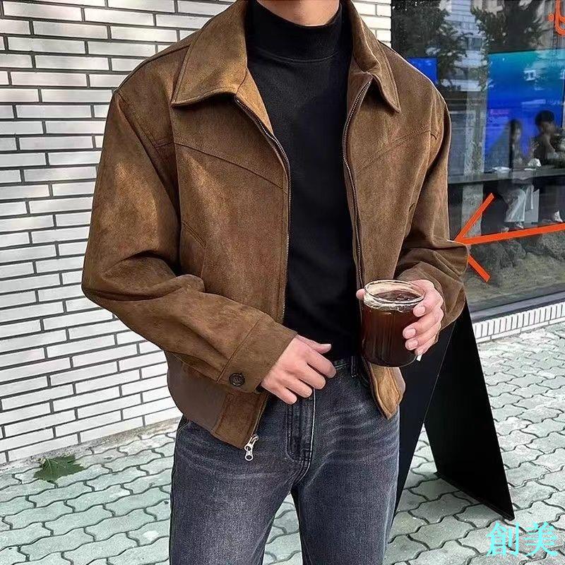 外套男春秋款高檔寬松翻領加絨冬季新款時尚短款夾克港風外套潮-創美