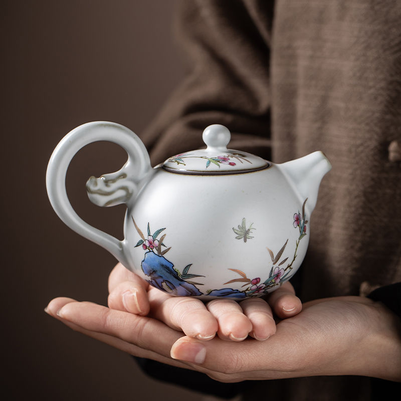 工廠直銷 免運 茶壺 紫砂壺 月白汝窯創意手工扒花龍珠壺泡茶壺汝窯茶壺單人家用手把壺特惠/可開發票Z1017 0