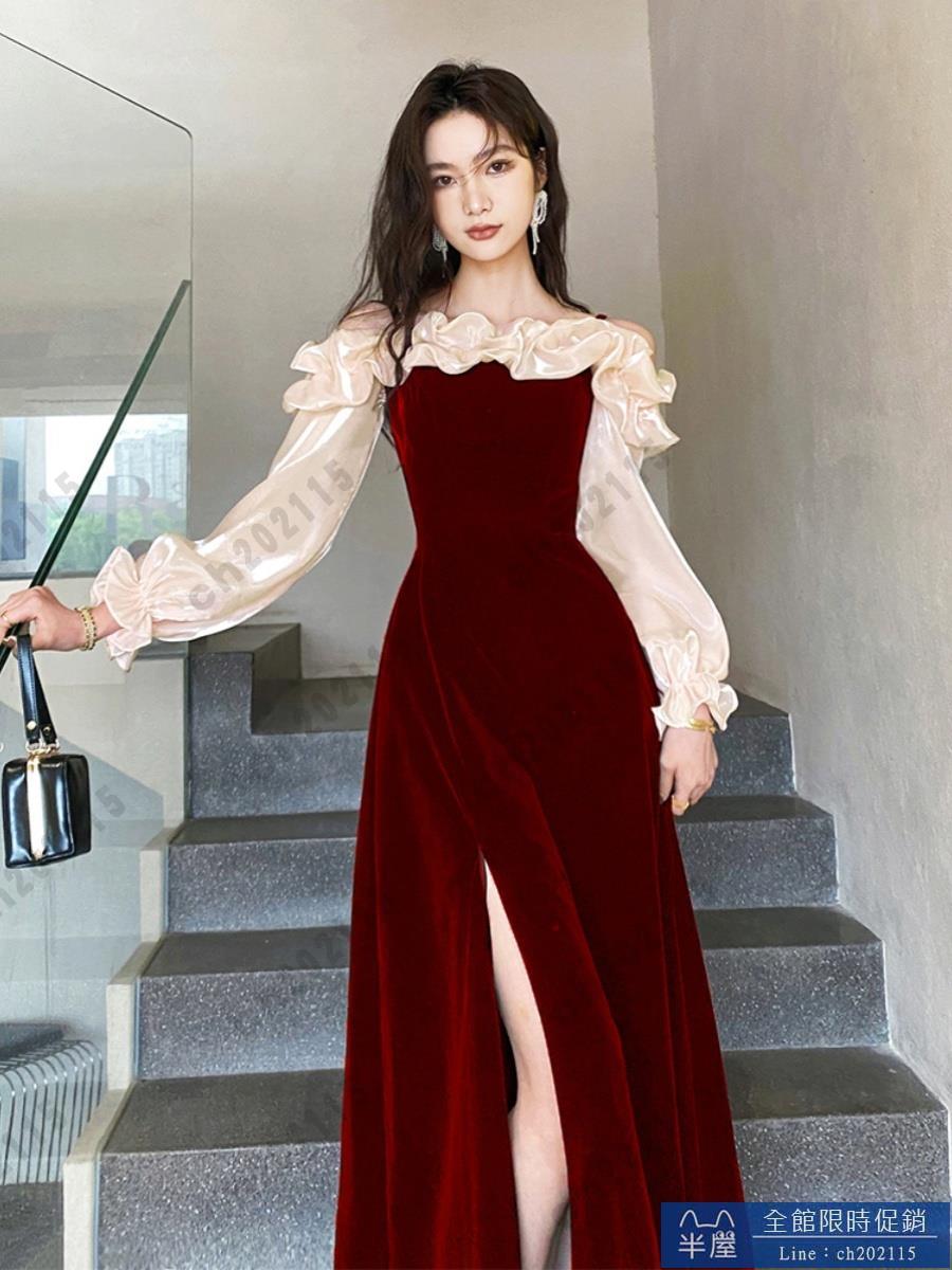 尾牙禮服 洋裝 敬酒服新娘2024新款結婚秋季紅色宴會晚禮服裙高階輕奢高階感訂婚交換禮物 三木優選