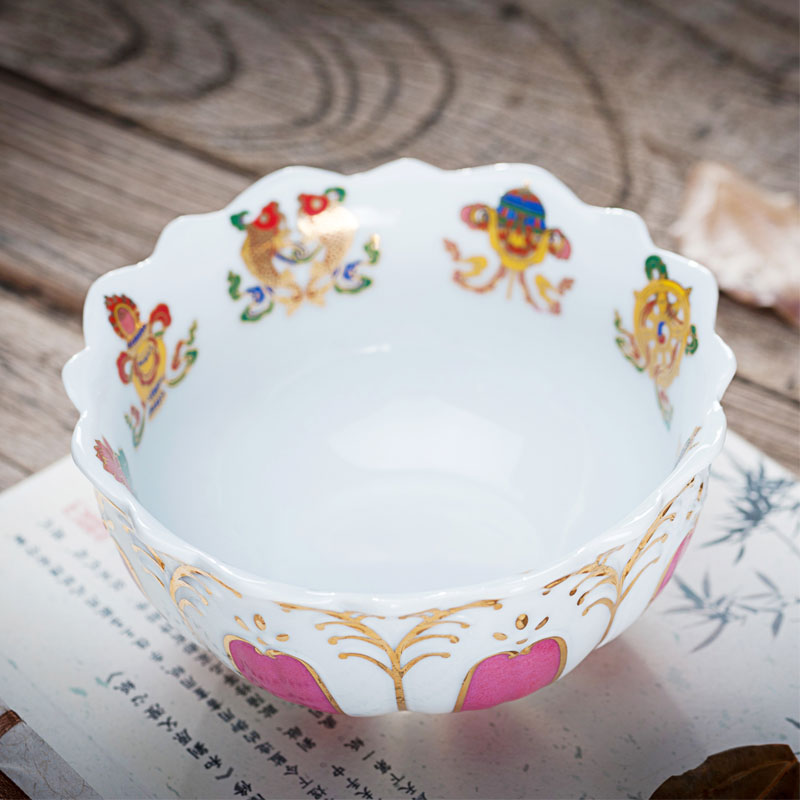彩繪陶瓷蓮花八吉祥供碗供水杯 供齋碗 八供碗 佛教用品
