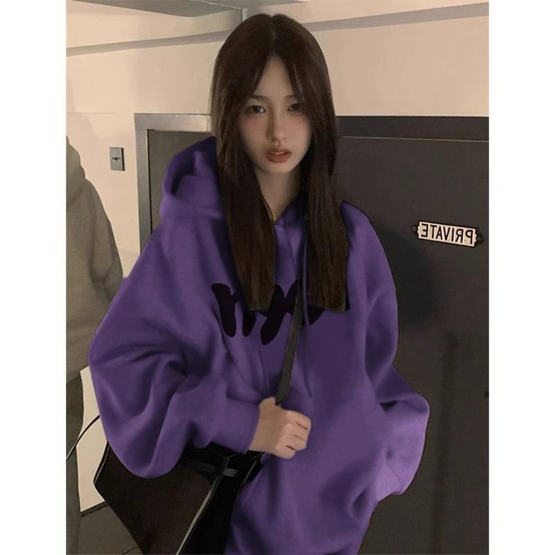 紫色今年流行漂亮上衣女2024秋冬加絨oversize韓系慵懶連帽衛衣女-享樂