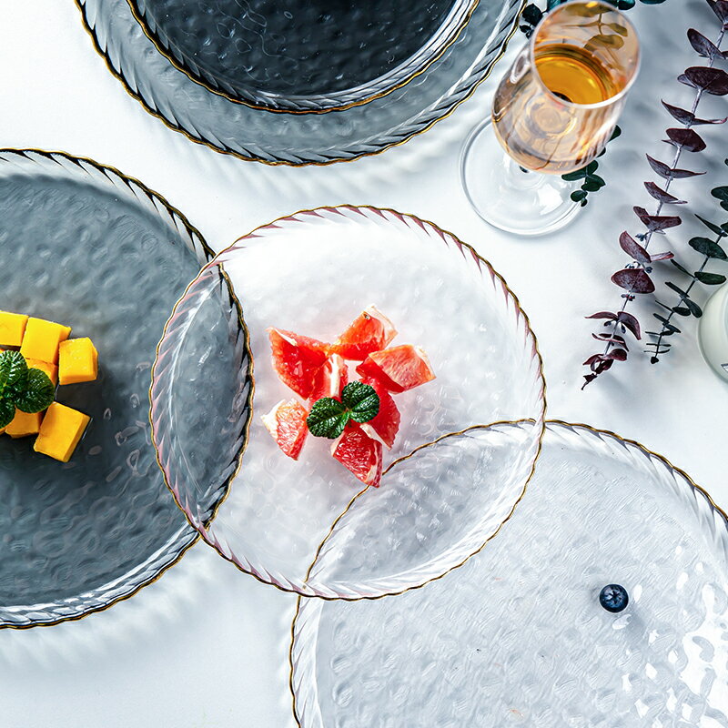 玻璃盤平盤創意水果盤時尚零食盤金邊干果盤簡約廚房餐具家用盤子