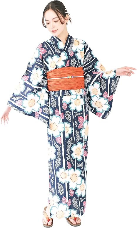 ON Nishiki【日本代購】吸水速乾浴衣2件套浴衣+腰帶女士成人用量身裁剪結帶兵兒帶煙火大會復古現代日式花紋-流水華