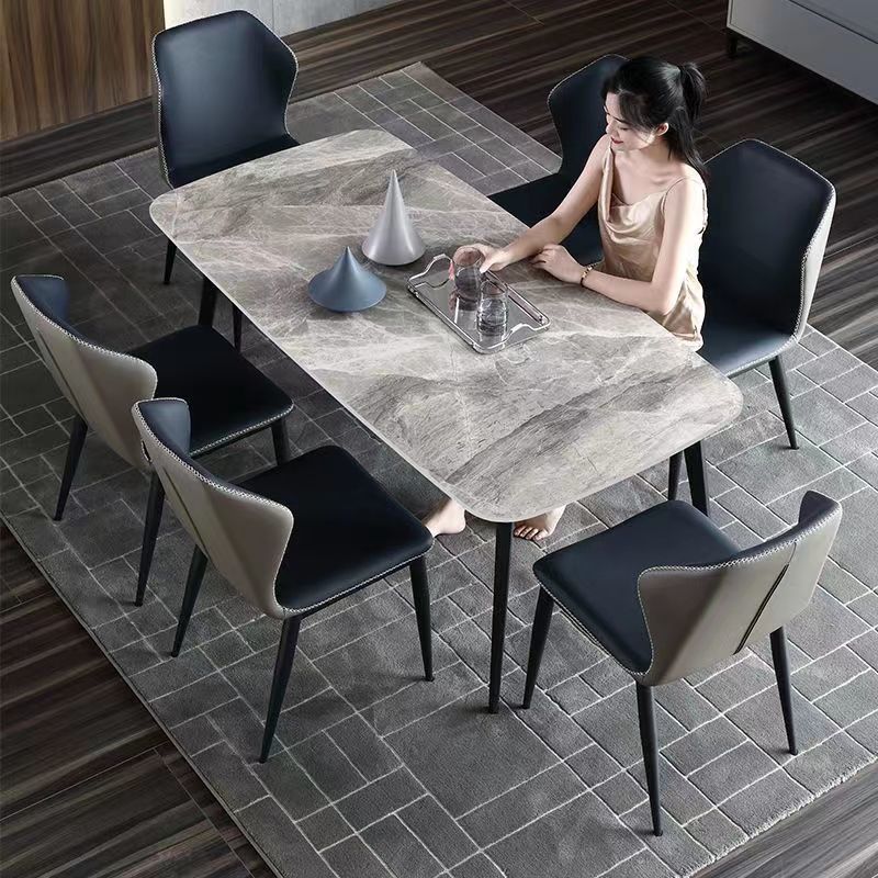 巖板餐桌家用小戶型飯桌現代簡約輕奢長方形高檔亮光面餐桌椅組合