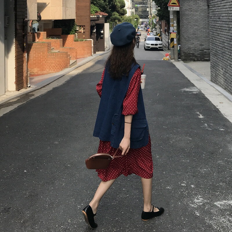 秋裝chic復古寬松波點長袖連衣裙+牛仔馬甲外套時尚套裝女1入