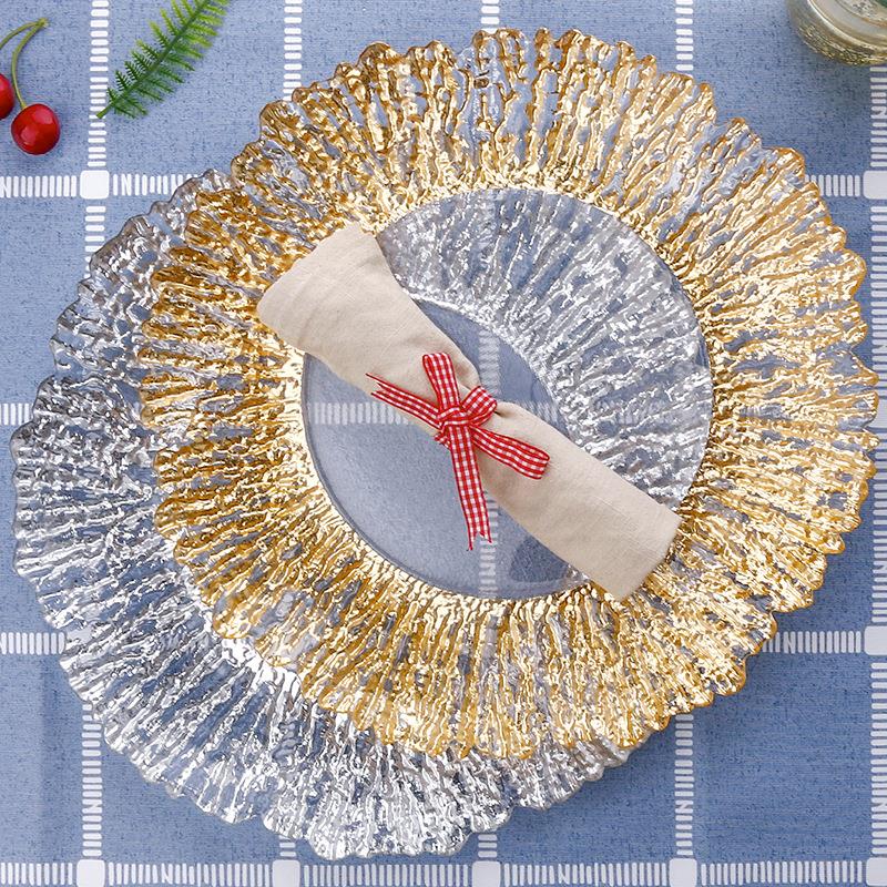 北歐風ins金邊水果盤樹紋創意套裝玻璃盤家用簡約淺平盤碟子餐盤