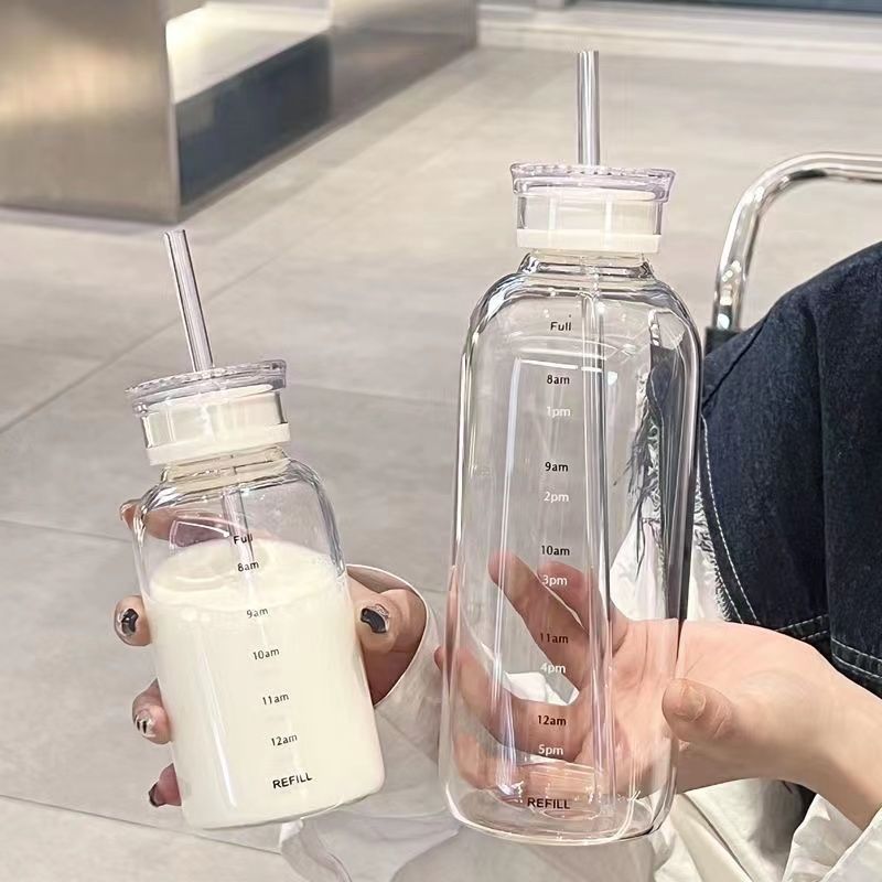 高顏值玻璃杯兩用雙蓋時間便攜式刻度吸管杯子隨行學生ins咖啡杯