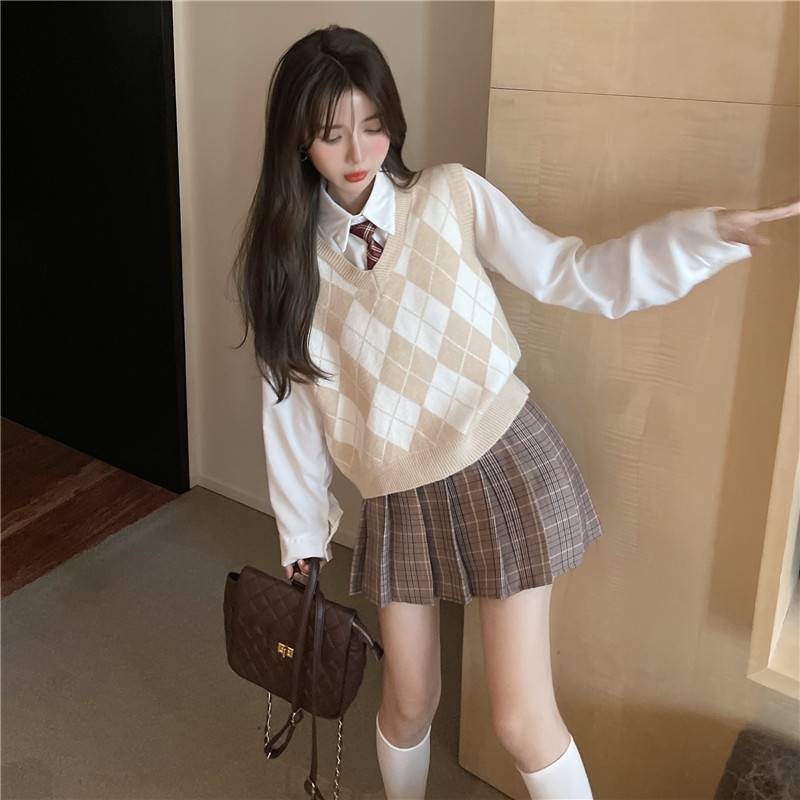 學院風jk制服套裝女早春新款日系校服針織馬甲襯衫百褶裙三件套潮 2