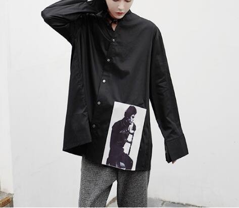 FINDSENSE Z1 韓國 時尚 潮 男 寬鬆大尺碼 下擺歐美人物印花 長袖襯衫 特色襯衫
