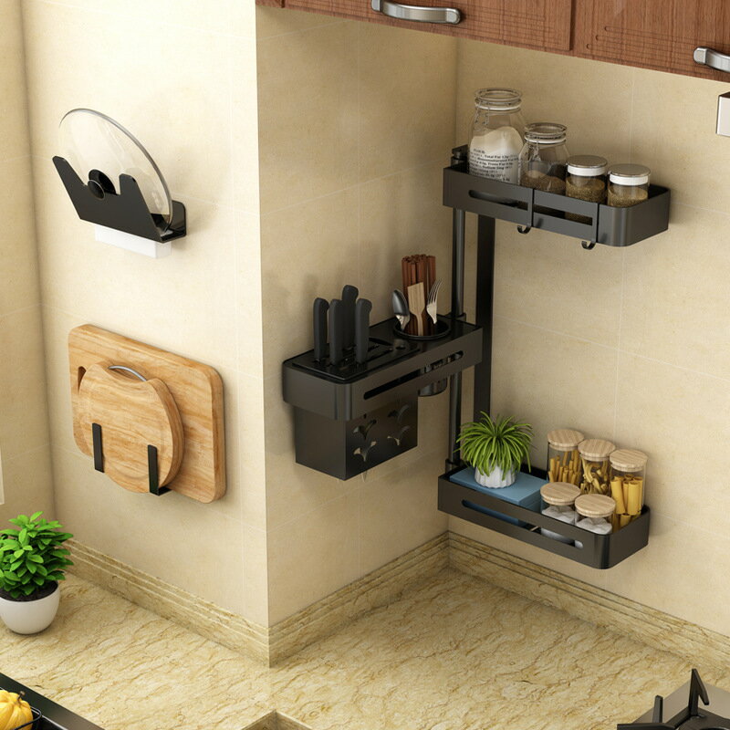 置物架 免打孔黑色壁掛廚房置物架壁掛多功能調料收納架廚房用品五件掛件