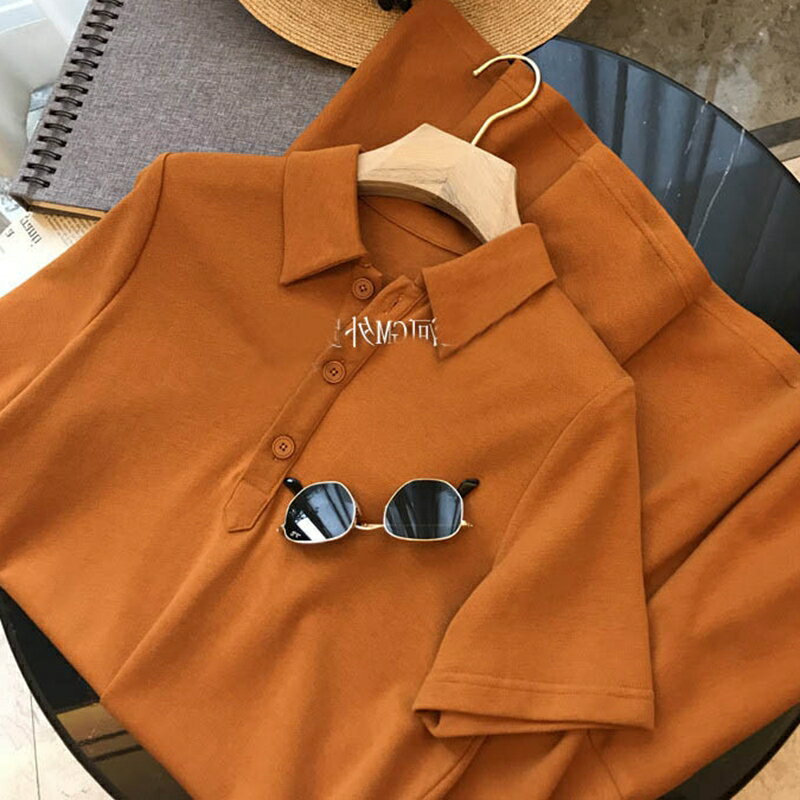 法式小眾顯瘦休閑連衣裙2022春秋氣質Polo領高級設計感橘色T恤裙