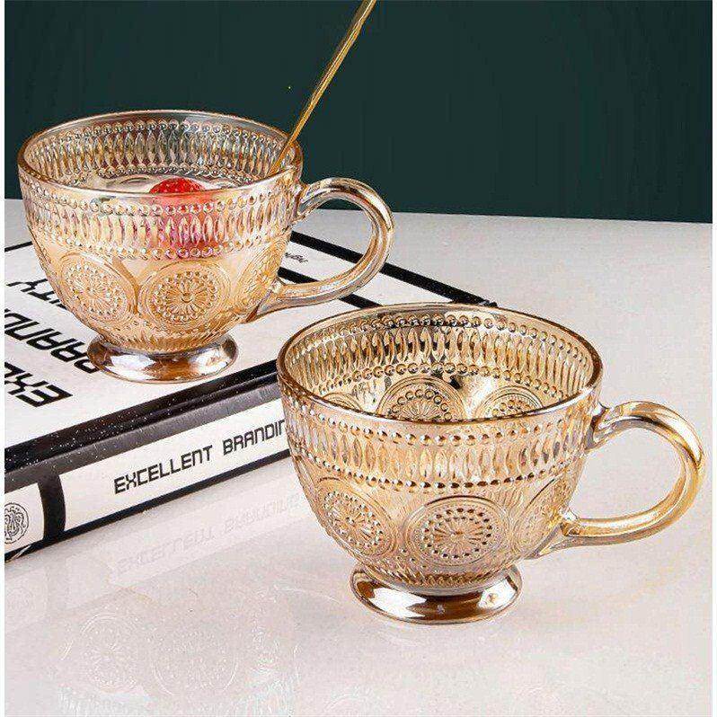 歐式浮雕太陽花茶色早餐杯水杯玻璃家用咖啡牛奶杯子帶蓋勺耐高溫