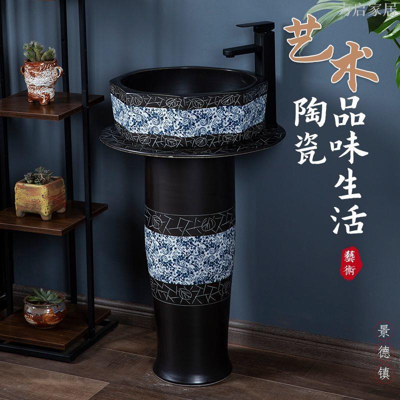 陶瓷立柱式青花洗臉盆立柱戶外洗手盆復古別墅庭院一體式仿古一體