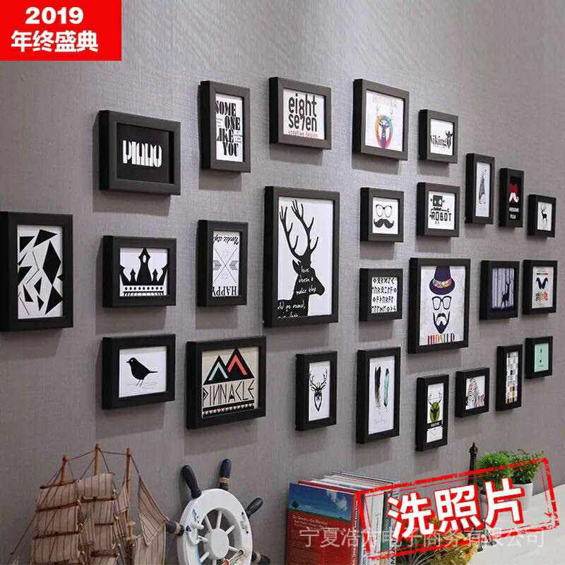 新品?熱銷?列印照片 26框 簡歐風相框牆組合歐式相框創意掛牆相片牆客廳掛畫簡約北歐日式實木照片牆 鹿頭 相框組 相框照