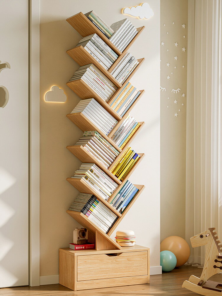 【品質保證】置物櫃 置物架 簡易樹形小書架置物架落地臥室閱讀架客廳網紅創意窄書家用多層
