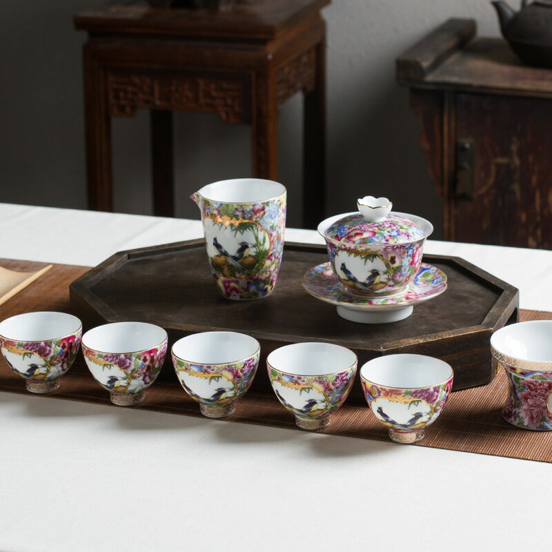 琺瑯彩景德鎮陶瓷功夫茶具套裝家用茶壺茶杯中式復古粉彩描金蓋碗