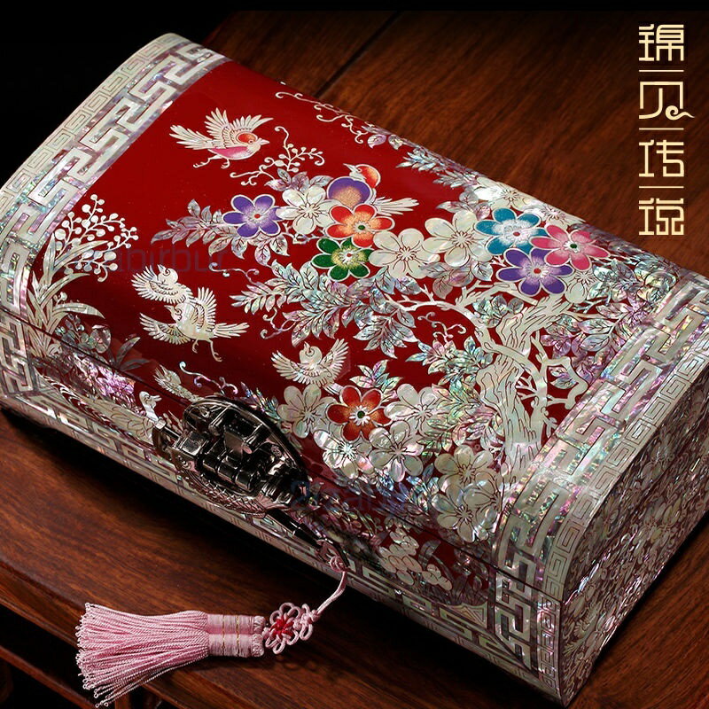 ✨【免運】✨ 錦貝傳説螺鈿漆器首飾盒 帶鎖公主中式實木質手飾品收納盒 結婚禮物 珠寶盒 戒指 項鍊 耳環 飾品收納