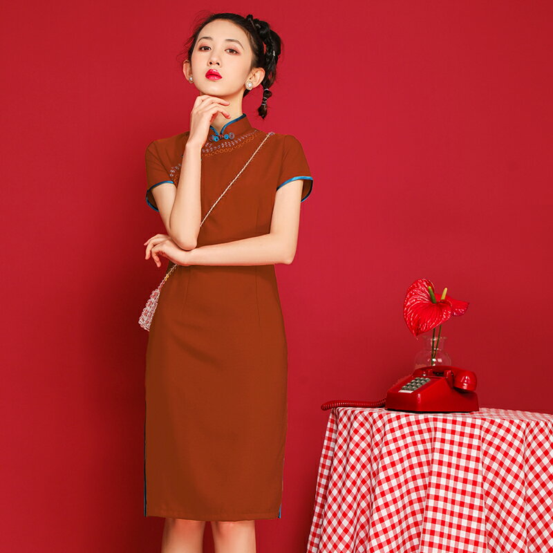 橘紅色過年旗袍改良傳統老上海民國日常女裝中國風年輕款少女