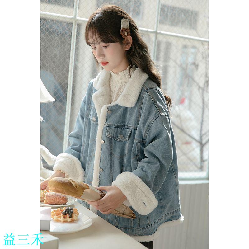 兩面穿藍色牛仔外套女新款冬季洋氣別致設計感保暖加絨上衣牛仔衣-益三禾