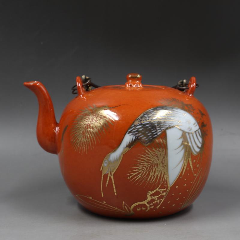 清同治年制鞏紅描金松鶴紋茶壺家居茶具擺件仿古瓷器古董古玩收藏1入