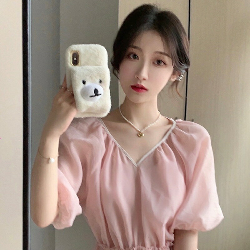 溫柔風甜美泡泡袖法式粉色長款連衣裙女2022年春夏新款高階設計感