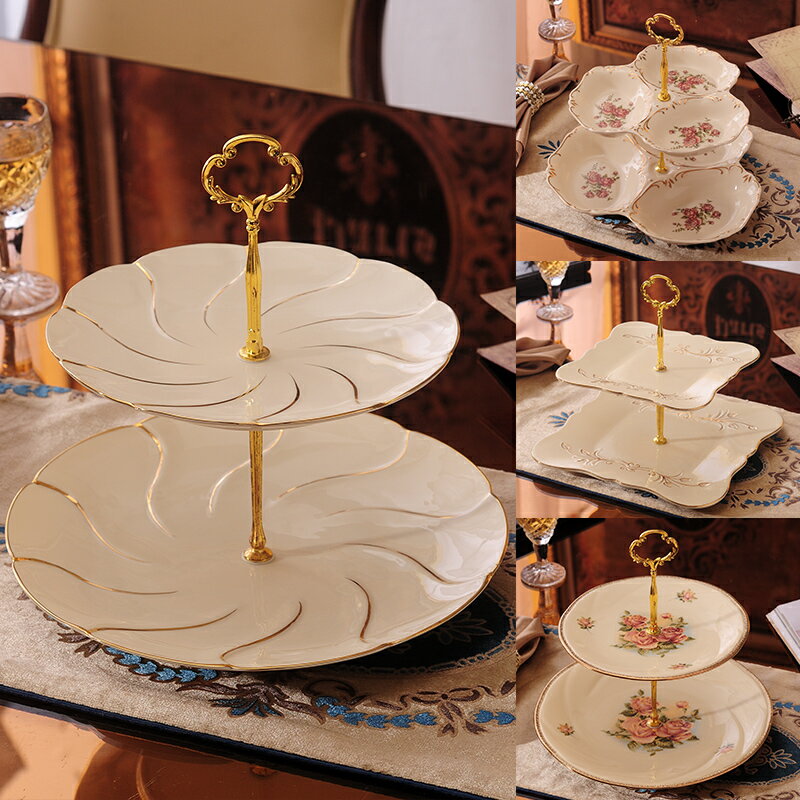 歐式陶瓷水果盤客廳創意現代家用下午茶點心架蛋糕雙三層婚禮盤子