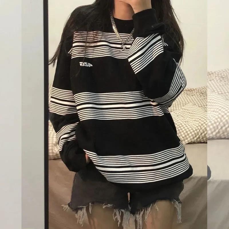 衛衣長袖T恤女情侶條紋潮美式復古寬松時尚百搭慵懶風上衣新款