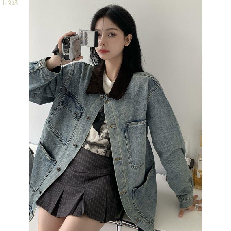 薄外套 polo領拼接炸街牛仔外套女春秋款bf風寬松休閑百搭辣妹夾克衫上衣