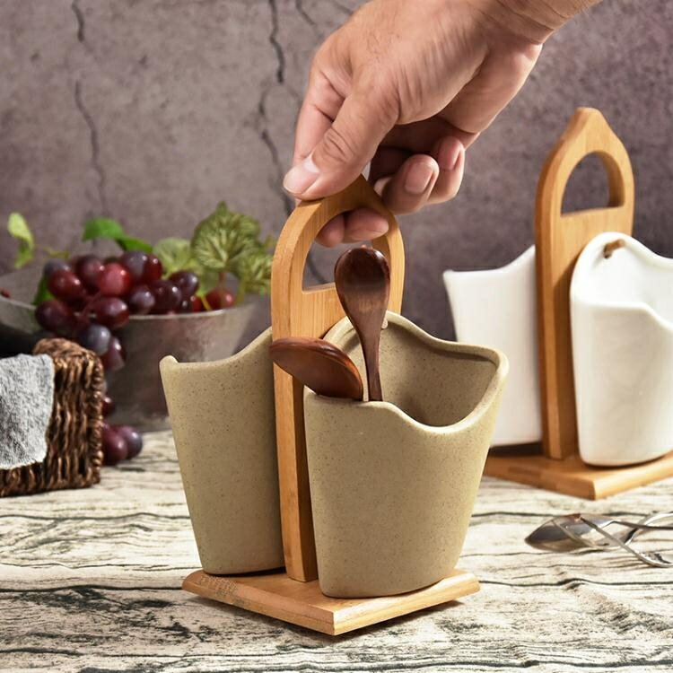 創意日式竹木陶瓷筷子筒家用雙筒置物架掛式筷籠廚房餐具勺子收納 雙十二購物節