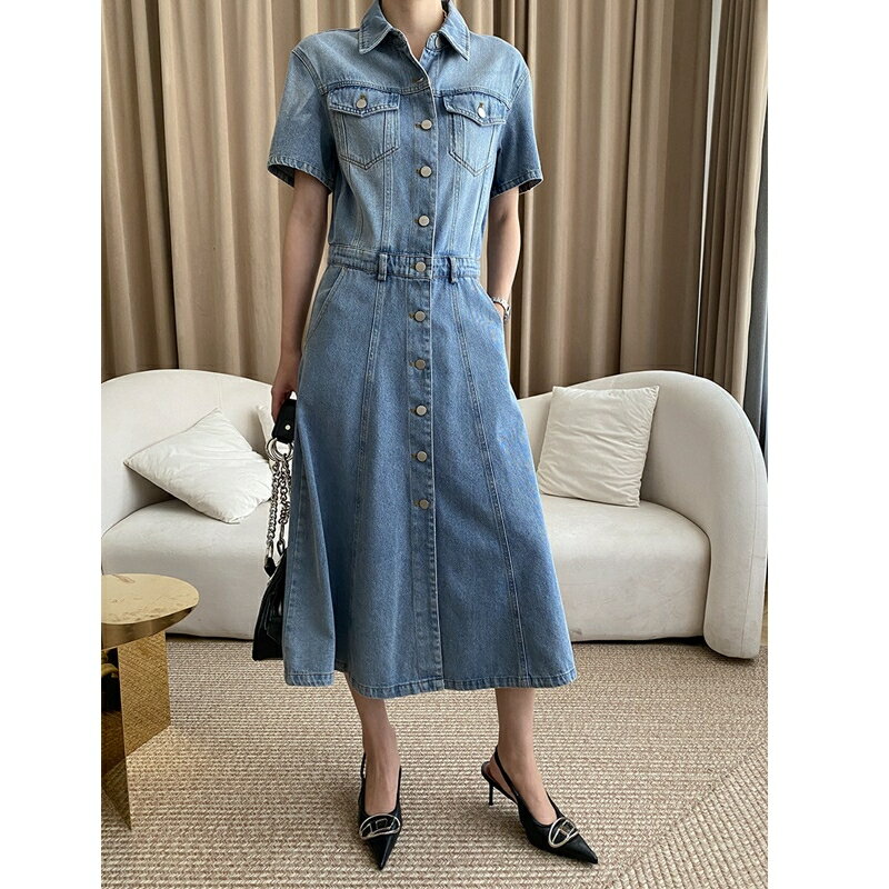 【巴黎精品】洋裝連身長裙-短袖收腰牛仔休閒女裙子a1fz77