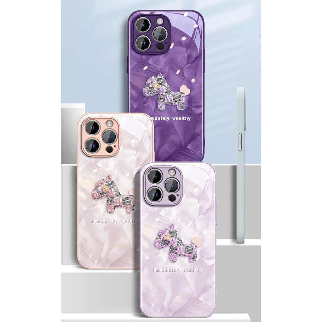 FuNFang iPhone15 Pro Max Plus 洛可可小馬液態軟矽膠玻璃背板全包防摔 手機保護殼 i15