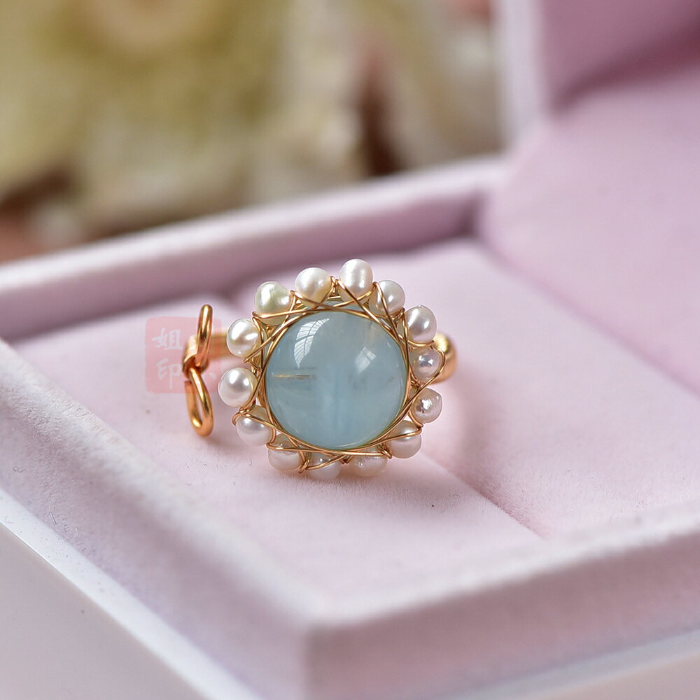 輕奢天然大顆海藍寶淡水珍珠花邊14K包金手工戒指指環原創設計