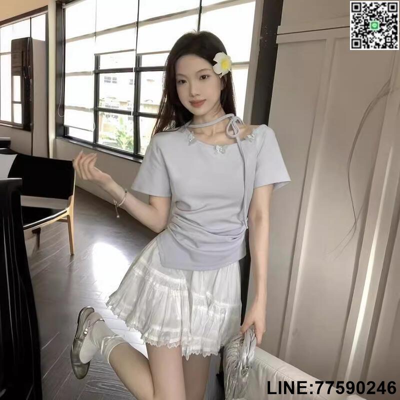 【歡樂購】甜美夏季新款純欲短款設計感收褶針織衫蝴蝶結短袖綁帶圓領上衣女休閒服裝流行女裝女性衣服~DC16557