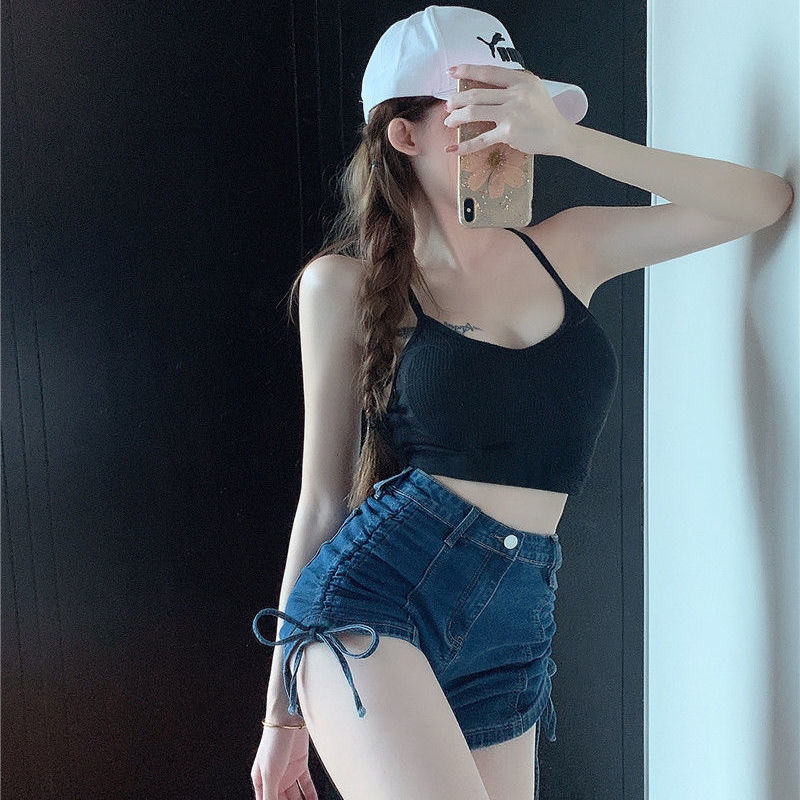 Women's high-waisted side drawstring denim shorts detail 5