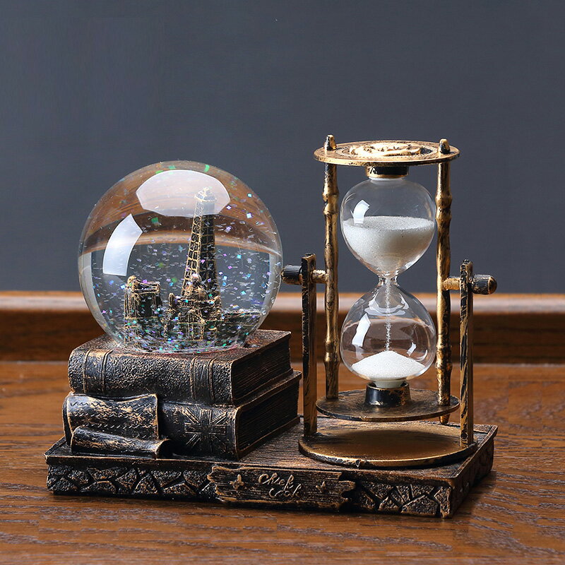 復古水晶球沙漏擺件計時器房間辦公室桌面裝飾品創意個性酒柜客廳