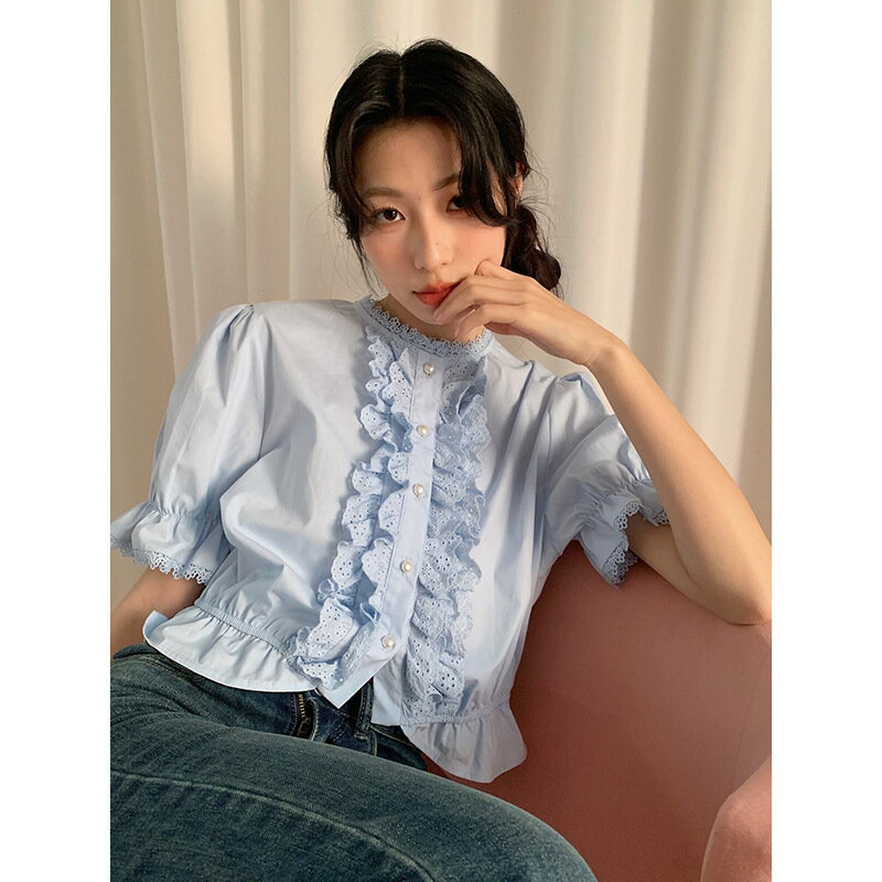 【巴黎精品】襯衫泡泡袖上衣-蕾絲花邊棉質短款女裝a1fx31